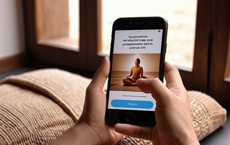 **Meditation App Interface:** A person using a meditation app on their phone, looking calm and relaxed.
