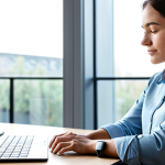 A professional individual in modest, comfortable clothing is sitting calmly in a modern, serene home office. They are looking reflectively at their smartwatch, which displays a simple, clear graphic of wellness data, such as a heart rate graph or sleep pattern analysis. The atmosphere is peaceful and contemplative, with soft natural light coming through a large window. The pose is natural, conveying insight and self-awareness. perfect anatomy, correct proportions, natural pose, well-formed hands, proper finger count, natural body proportions, professional photography, high quality, realistic, safe for work, appropriate content, fully clothed, modest clothing, family-friendly.