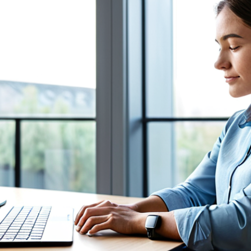 Home 7 A professional individual in modest, comfortable clothing is sitting calmly in a modern, serene home office. They are looking reflectively at their smartwatch, which displays a simple, clear graphic of wellness data, such as a heart rate graph or sleep pattern analysis. The atmosphere is peaceful and contemplative, with soft natural light coming through a large window. The pose is natural, conveying insight and self-awareness. perfect anatomy, correct proportions, natural pose, well-formed hands, proper finger count, natural body proportions, professional photography, high quality, realistic, safe for work, appropriate content, fully clothed, modest clothing, family-friendly.