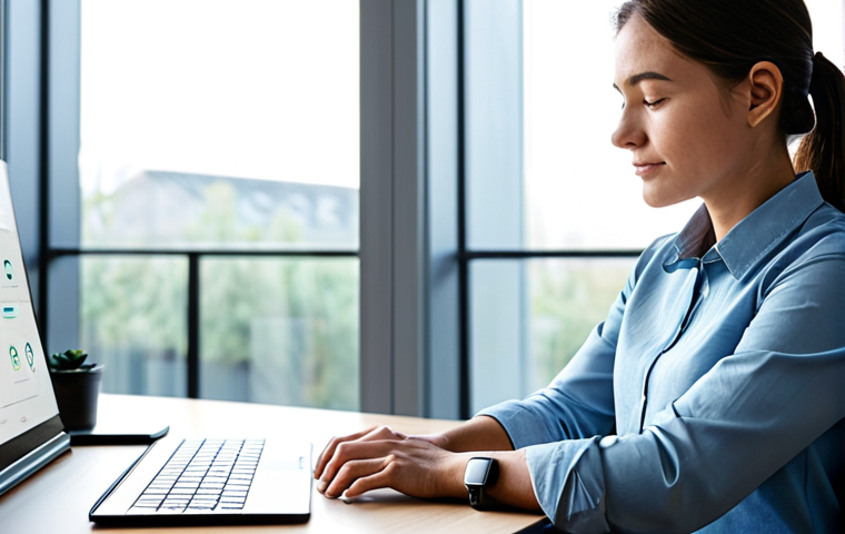 A professional individual in modest, comfortable clothing is sitting calmly in a modern, serene home office. They are looking reflectively at their smartwatch, which displays a simple, clear graphic of wellness data, such as a heart rate graph or sleep pattern analysis. The atmosphere is peaceful and contemplative, with soft natural light coming through a large window. The pose is natural, conveying insight and self-awareness. perfect anatomy, correct proportions, natural pose, well-formed hands, proper finger count, natural body proportions, professional photography, high quality, realistic, safe for work, appropriate content, fully clothed, modest clothing, family-friendly.