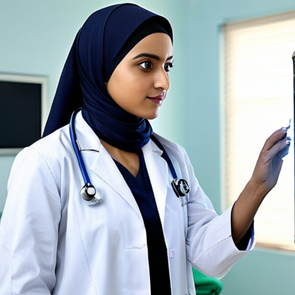 **
A professional female doctor wearing a modest lab coat and hijab, examining an X-ray in a brightly lit, modern hospital in Karachi, Pakistan. Safe for work, appropriate content, fully clothed, perfect anatomy, natural pose, professional setting. Include medical equipment in the background. High resolution.
**