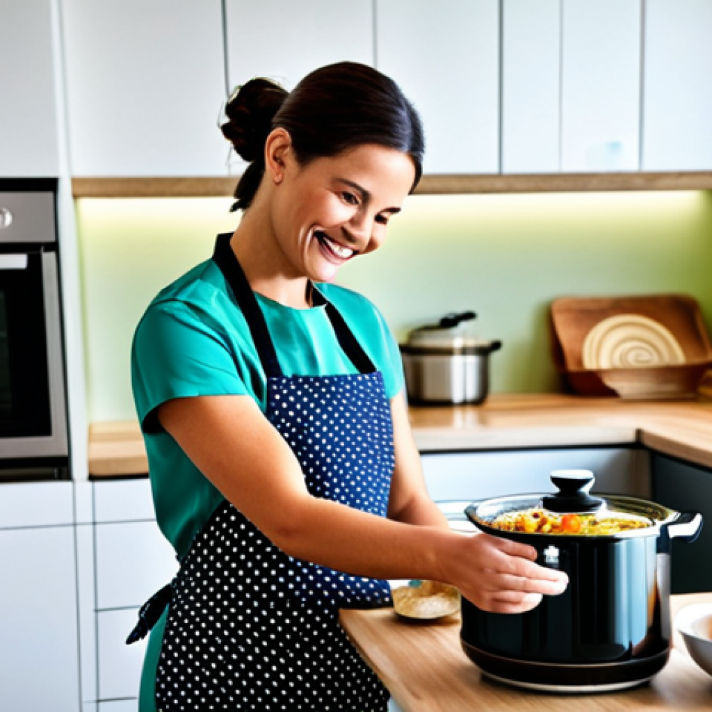 스마트 식기 건강한 식습관 형성을 위한 기술 - **
"A modern kitchen featuring a smart pressure cooker on a countertop. A fully clothed woman, wear...