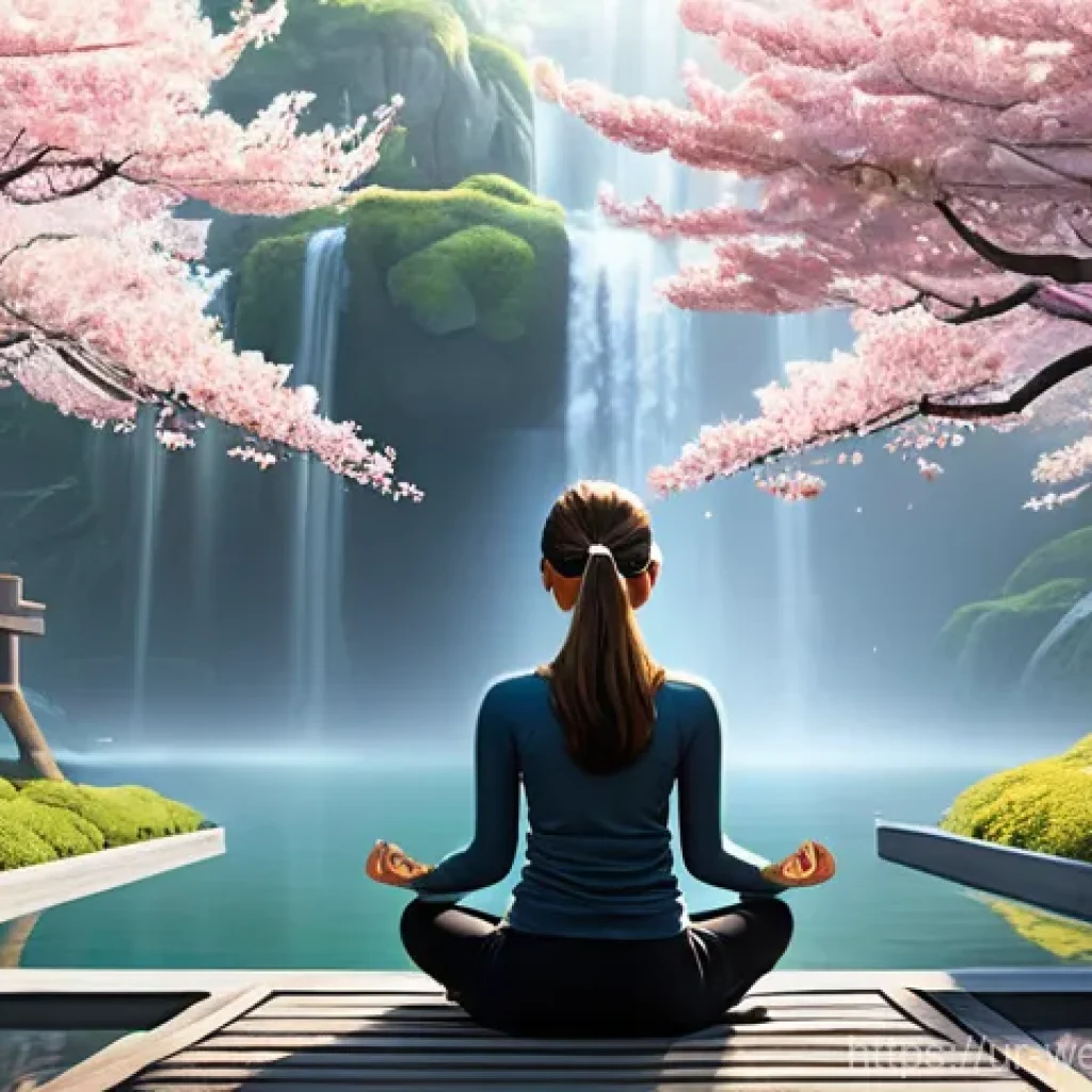 가상 현실 VR 을 활용한 웰니스 경험 - **Prompt Title: Serene VR Meditation in a Floating Japanese Garden**

    **Prompt:** A person, seen...