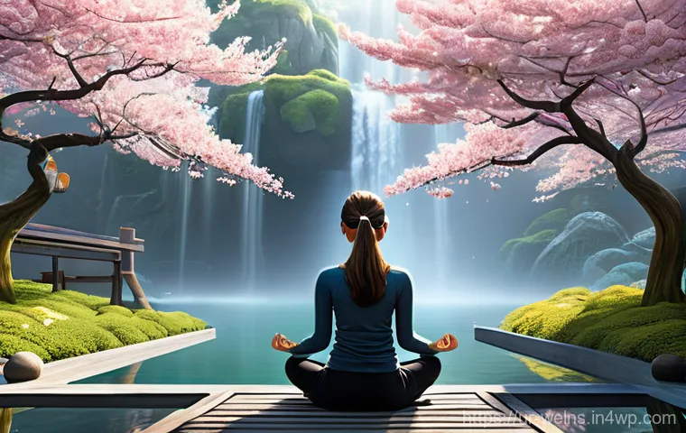 가상 현실 VR 을 활용한 웰니스 경험 - **Prompt Title: Serene VR Meditation in a Floating Japanese Garden**

    **Prompt:** A person, seen...