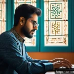 디지털 웰니스 관리의 법적 책임 - A modern digital security concept illustration featuring a young South Asian man sitting at a desk i...