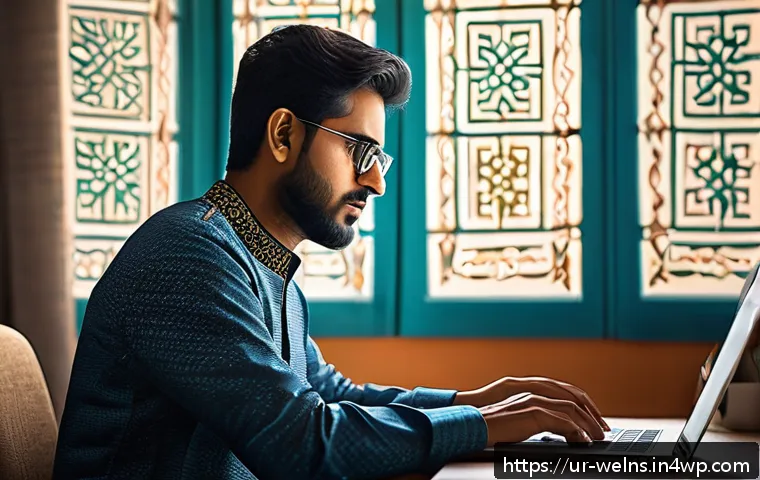 디지털 웰니스 관리의 법적 책임 - A modern digital security concept illustration featuring a young South Asian man sitting at a desk i...
